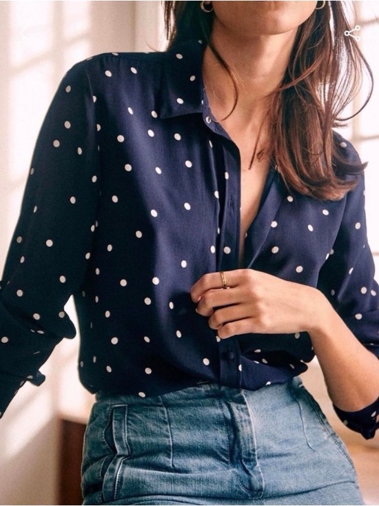 Sezane Tops - Sézane Ann Navy Polka Dot Button-Up 100% Silk French Casual Blouse